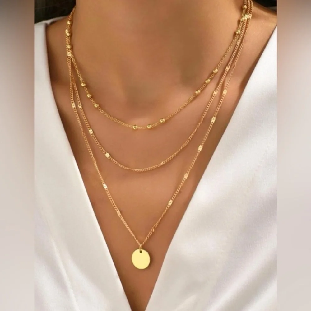 Gold 2pc Beaded Disc Layered Necklace